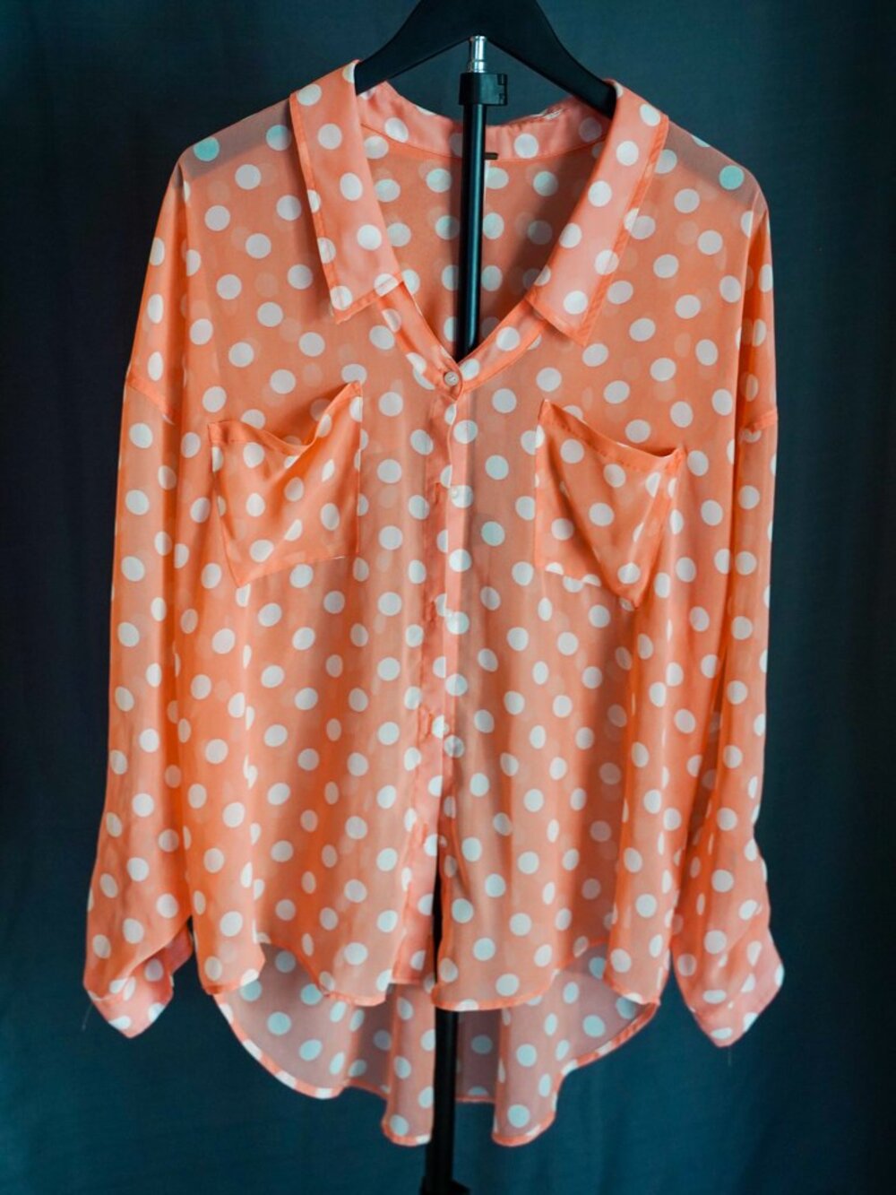 Free People Polka Dot Shirt Women's Large Sheer Button Down Long Sleeve